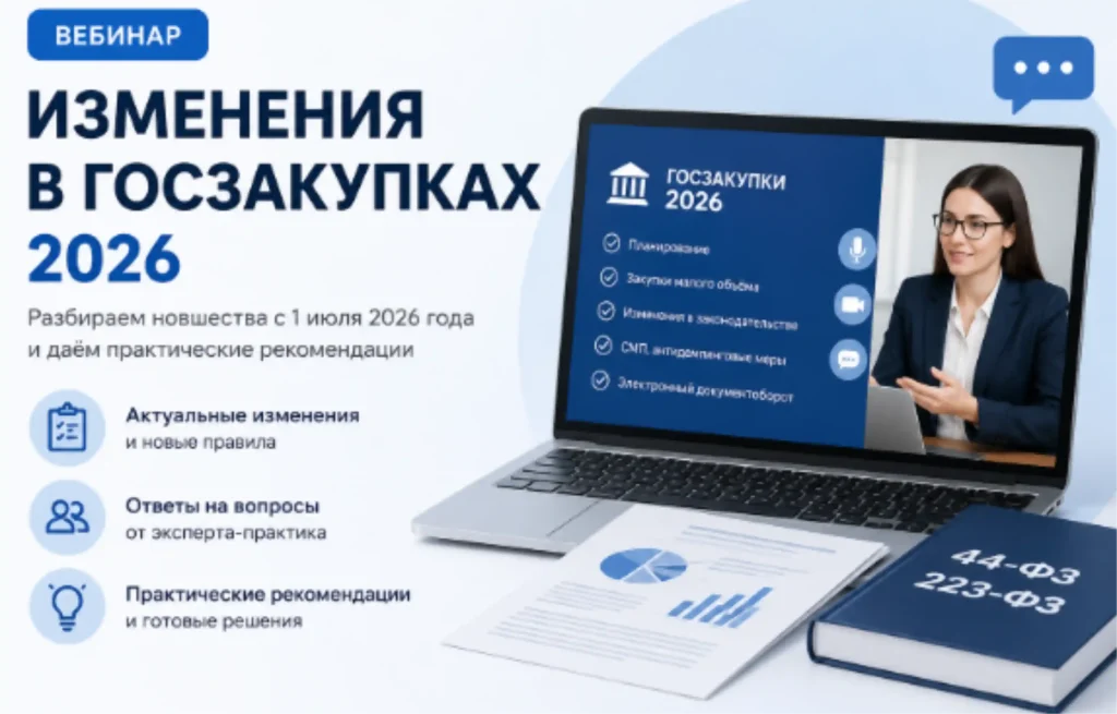 Баннер вебинара «Изменения в госзакупках 2026» с экспертом, ноутбуком и материалами по 44-ФЗ и 223-ФЗ.